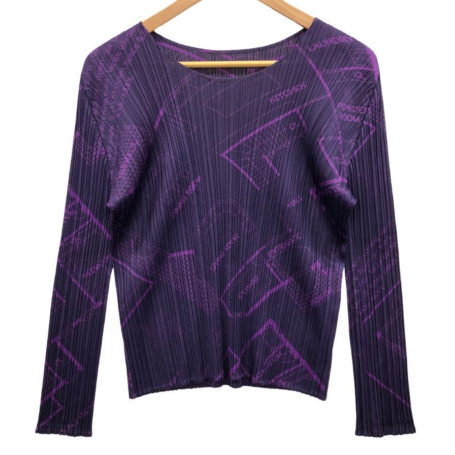 美品◆プリーツプリーズ イッセイミヤケ 長袖カットソー 総柄 パープル レディース サイズ3 PP53-JK671 PLEATS PLEASE ISSEY MIYAKE 【AFB46】