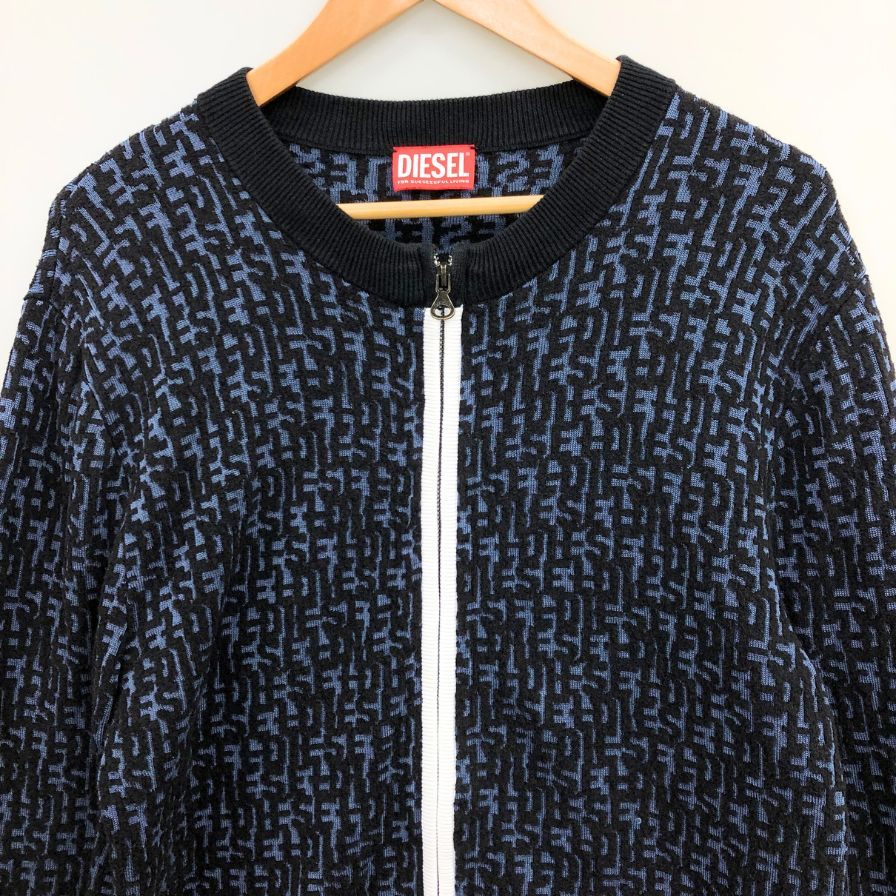 美品◆ディーゼル ニットセーター K-OBE-ZIP ジャガード 総柄 ジップ カーディガン ジャケット ネイビー メンズ サイズS DIESEL 【AFB19】