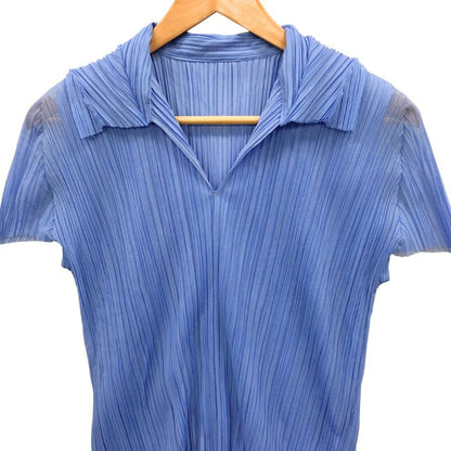 美品◆プリーツプリーズ イッセイミヤケ 半袖カットソー ブルー レディース サイズ3 PP43-JK542 PLEATS PLEASE ISSEY MIYAKE 【AFB43】