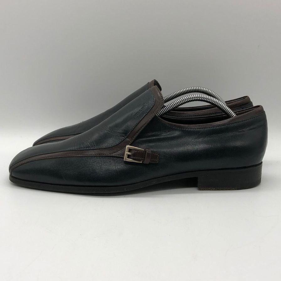 プラダ レザーシューズ シングル モンク サイドゴア バイカラー ネイビー ブラウン サイズ6.5 PRADA 約25.5cm【PTM3】
