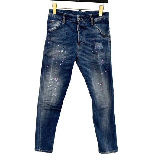 ディースクエアード デニムパンツ kenny jean S75LA0615 ロゴ金具 ペイント加工 クラッシュ加工 コットン ポリウレタン ブルー系 レディース サイズ38 DSQUARED2 【AFB21】
