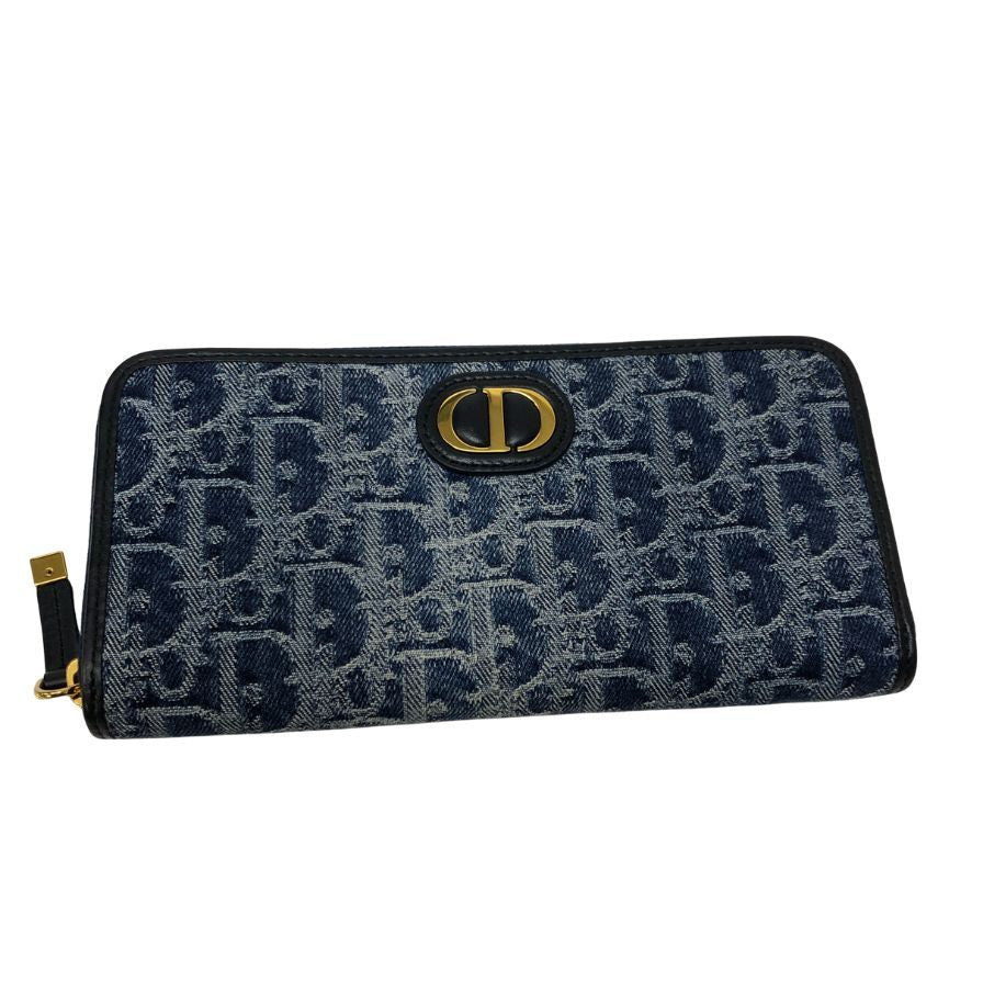 クリスチャンディオール ラウンドジップウォレット デニム オブリーク ジャカード ネイビー Christian Dior【AFI13】
