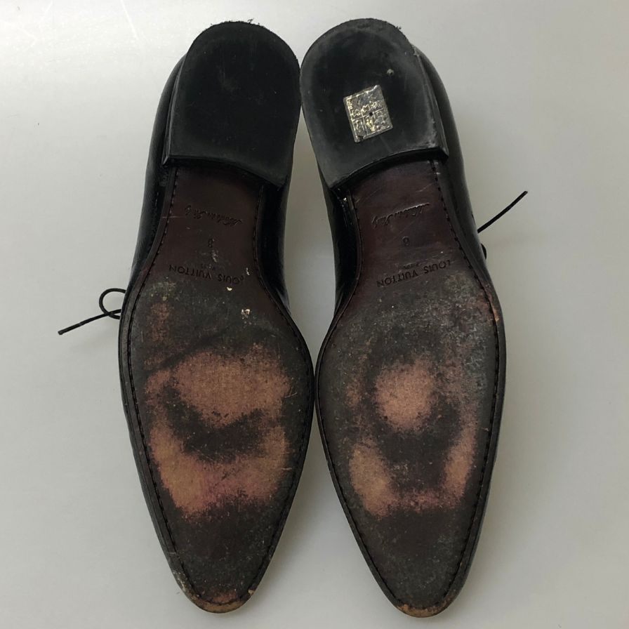 ルイヴィトンST1008 レザーシューズ プレーントゥ ガラスレザー チェック柄 ブラック サイズUK8 メンズ LOUIS VUITTON 約27.0cm【AFC4】