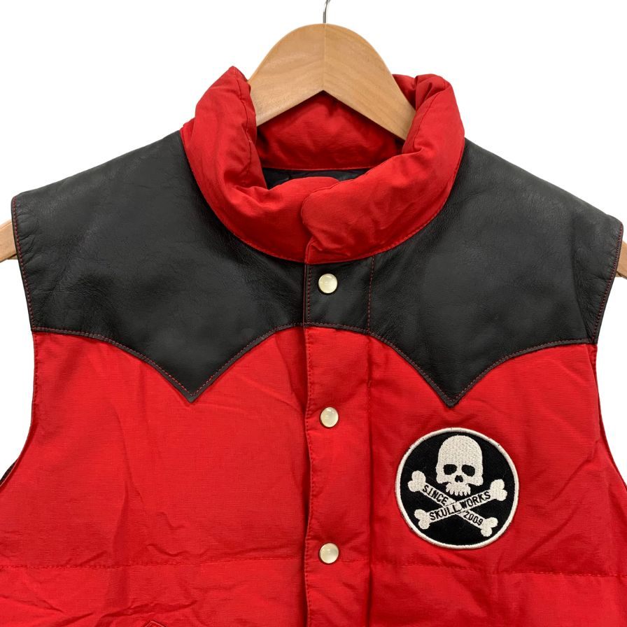 美品◆スカルワークス ダウンベスト レザー切替 サイズM レッド系 メンズ SKULL WORKS 【AFB26】