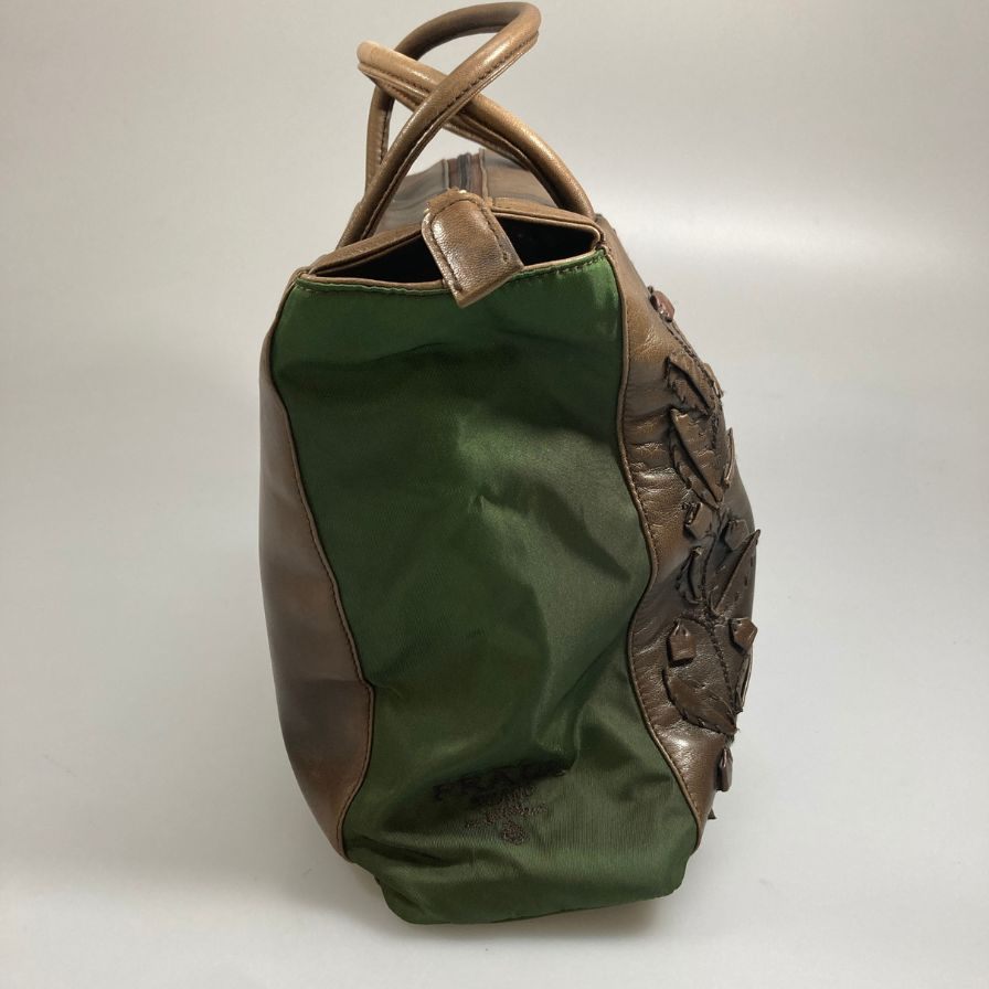 プラダ B6147 フラワーモチーフ トートバッグ レザー×ナイロン コンビ ブラウン×カーキ PRADA【AFE1】