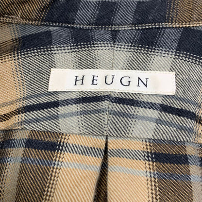 美品◆ユーゲン チェック柄 長袖ノーカラーシャツ イエロー×ブラック メンズ サイズ2 HEUGN 【AFB5】