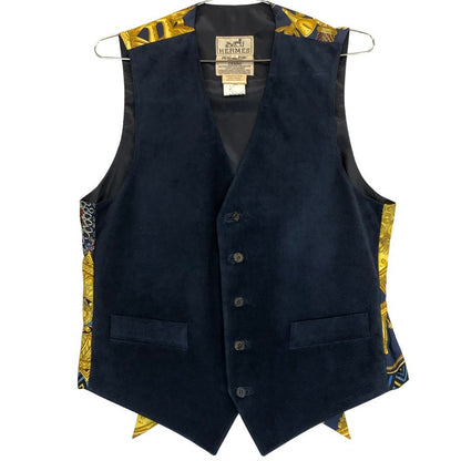 美品◆エルメス ジレ ヴィンテージ L'OR DES CHEFS ネイビー系 シルク×ピッグスキン サイズ48 メンズ HERMES 【AFB20】