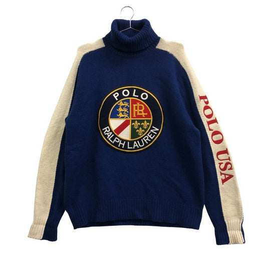 美品◆ポロ バイ ラルフローレン 国内正規 タートルネック ニット ビッグエンブレム POLO USA メンズ サイズL ブルー Polo by Ralph Lauren 【AFF21】