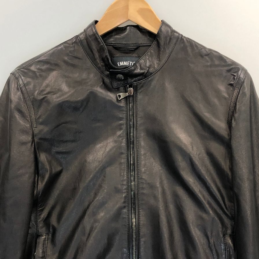 美品◆エンメティ レザージャケット シングル ライダース ラムスキン メンズ ブラック サイズ 44 EMMETI 【AFG1】