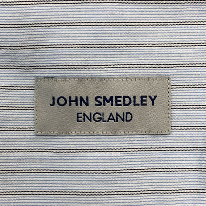 新品同様◆ジョンスメドレー シャツ ノーカラー バンドカラー 長袖 ストライプ メンズ ブルー系 サイズL JOHN SMEDLEY 【AFB2】