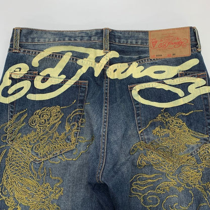 エドハーディー デニムパンツ 龍 刺繍 ペイント 装飾 ボタンフライ ウォッシュ USED加工 2009 インディゴ メンズ サイズ36 Ed Hardy 【AFB32】