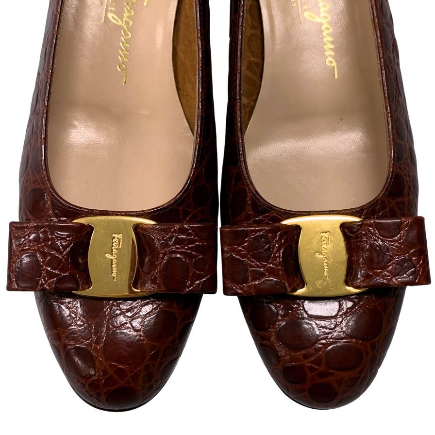 サルヴァトーレフェラガモ ヒールパンプス ヴァラ 型押し ブラウン レディース サイズ7C Salvatore Ferragamo 約24.5cm【AFC29】