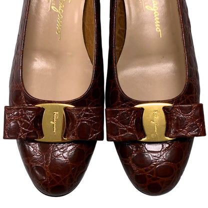 サルヴァトーレフェラガモ ヒールパンプス ヴァラ 型押し ブラウン レディース サイズ7C Salvatore Ferragamo 約24.5cm【AFC29】