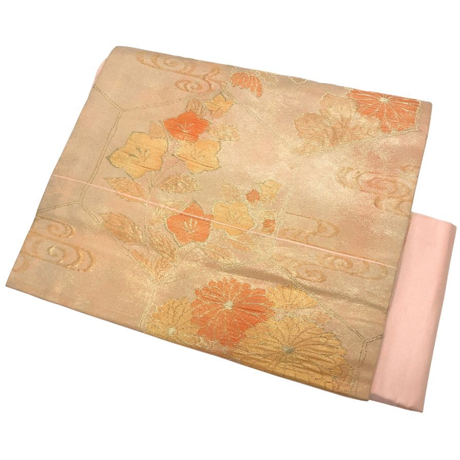 着物 袋帯 緞子 菊花紋 ノーブランド 桃花色／薄柿色【AFB15】【中古】