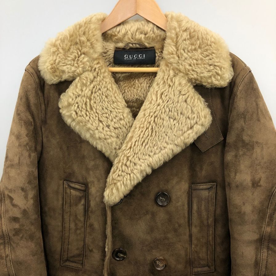 美品◆グッチ ムートンコート 11AW 羊毛皮 スウェード ボア ロング丈 ベージュ メンズ サイズ44 GUCCI 【AFB52】