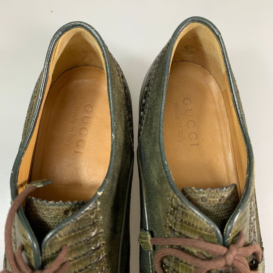 グッチ リザード スエードコンビ シューズ グリーン メンズ サイズ6.5 GUCCI 約25.5cm【AFC35】