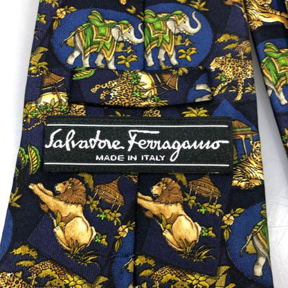 サルヴァトーレフェラガモ ネクタイ ライオン・トラ・ゾウ 総柄 ブルー シルク100％ Salvatore Ferragamo【AFI18】