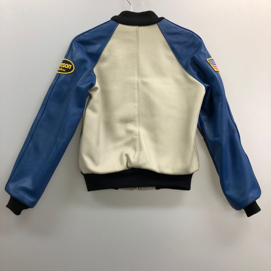 美品◆バンソン チームジャケット パッチ付 レザー MADE IN USA メンズ サイズ34 ブルー×ホワイト vanson 【AFF22】