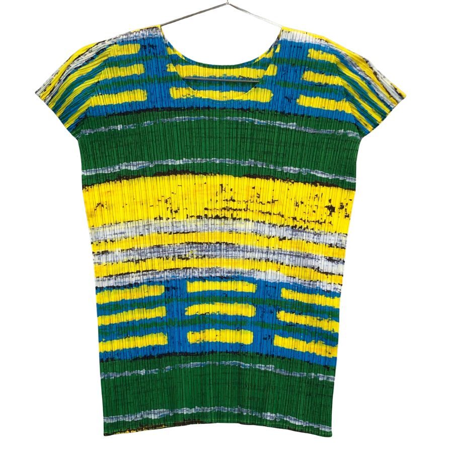 美品◆プリーツプリーズ イッセイミヤケ カットソー 総柄 マルチカラー レディース サイズ3 PP21-JK683 PLEATS PLEASE ISSEY MIYAKE 【AFB10】