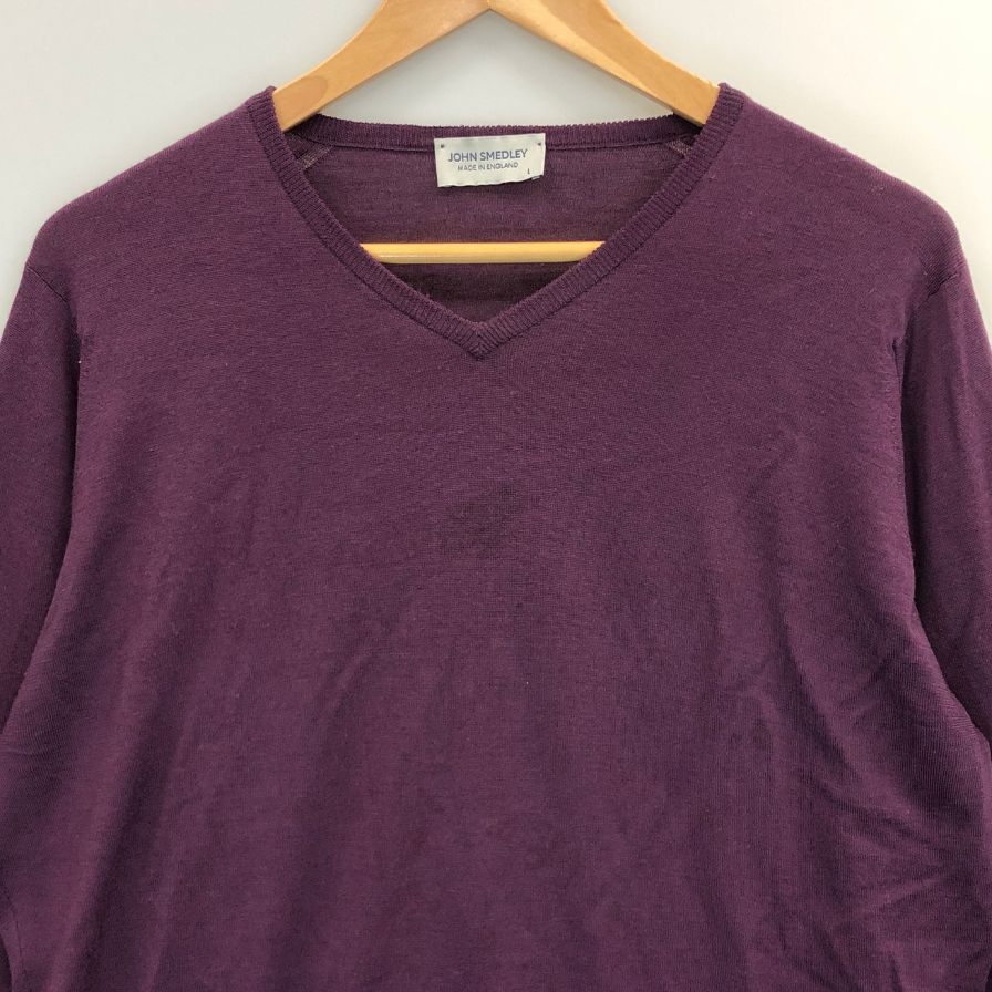 中古◆ジョンスメドレー ニットセーター ウール ハイゲージ Vネック パープル メンズ サイズL JOHN SMEDLEY 【AFB4】