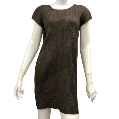 極美品◆プリーツプリーズ ノースリーブワンピース エンボス柄 ブラウン サイズ3 PP21-JT615 PLEATS PLEASE ISSEY MIYAKE 【AFB10】