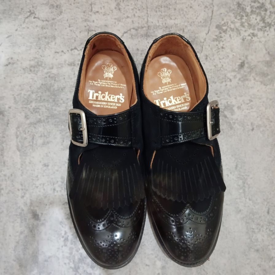 トリッカーズ M7610 ワンストラップシューズ タッセル付き ブラック スエードパテントレザーコンビ  メンズ サイズUK7  Tricker's スリッポン 約25.5cm【LA】【中古】