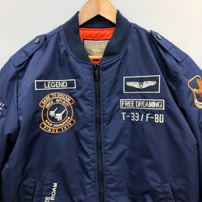 美品◆ノーブランド MA-1 中綿 フライト ジャケット ボンバー キルティング 刺繍 ロゴ ネイビー メンズ サイズL FASHION SPORTS FREEDOM ROAM 【AFA11】