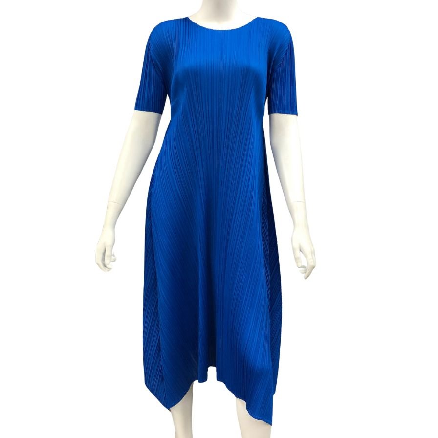 極美品◆プリーツプリーズ イッセイミヤケ プリーツロングワンピース PP43JH433 サイズ3 レディース ブルー 半袖 日本製 PLEATS PLEASE ISSEY MIYAKE MADE IN JAPAN 【AFB14】