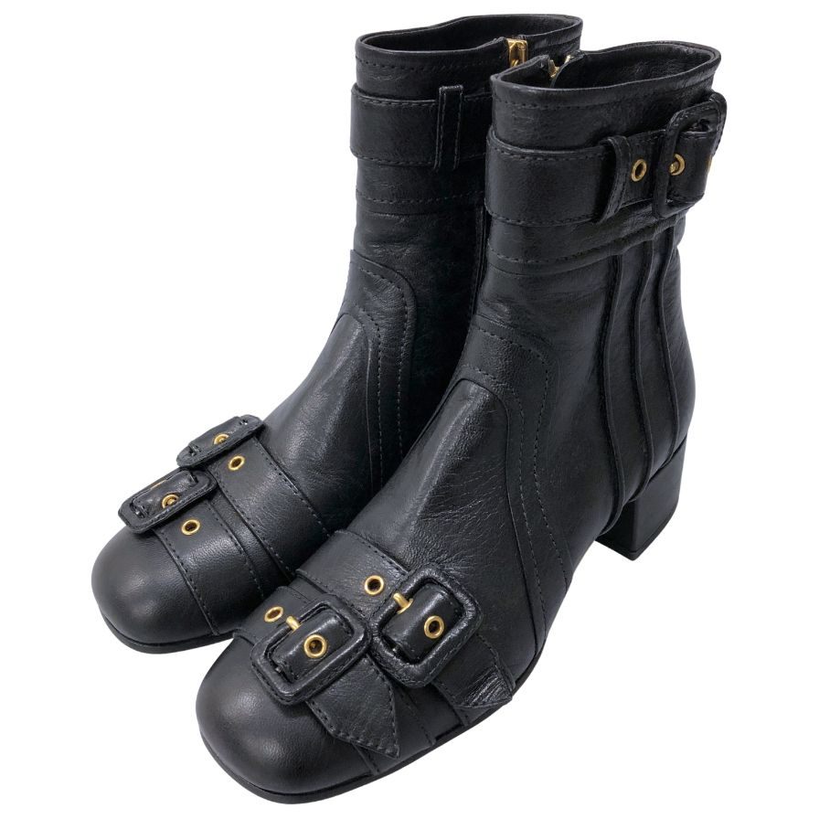 プラダ サイドジップブーツ チャンキーヒール ブラック ゴールド金具 レディース サイズ36 PRADA 約22.5cm【AFC34】