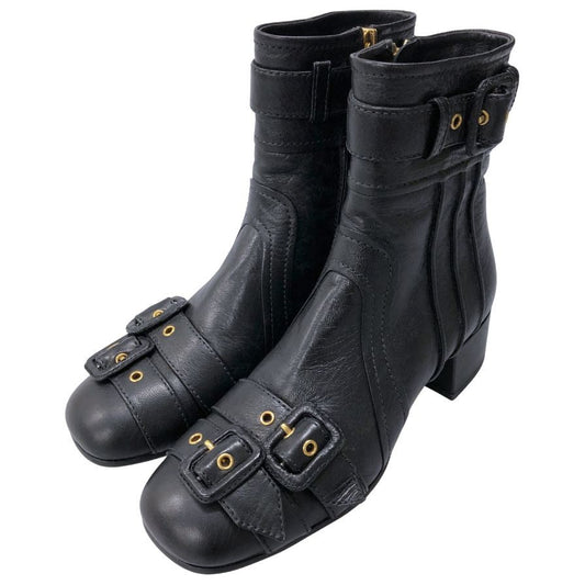 プラダ サイドジップブーツ チャンキーヒール ブラック ゴールド金具 レディース サイズ36 PRADA 約22.5cm【AFC34】