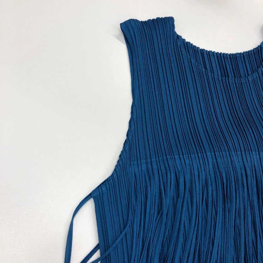 極美品◆プリーツプリーズ ノースリーブカットソー フリンジ ブルー系 サイズ3 レディース PP71-JK791 PLEATS PLEASE ISSEY MIYAKE 【AFB45】