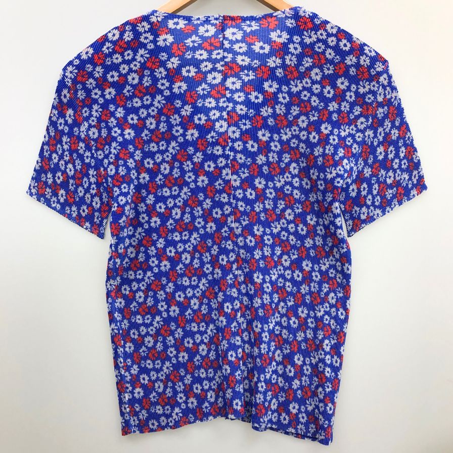 美品◆プリーツプリーズ イッセイミヤケ 半袖シャツ Vネック 総柄 レディース サイズ3 PP22-FO872 PLEATS PLEASE ISSEY MIYAKE 【AFB36】