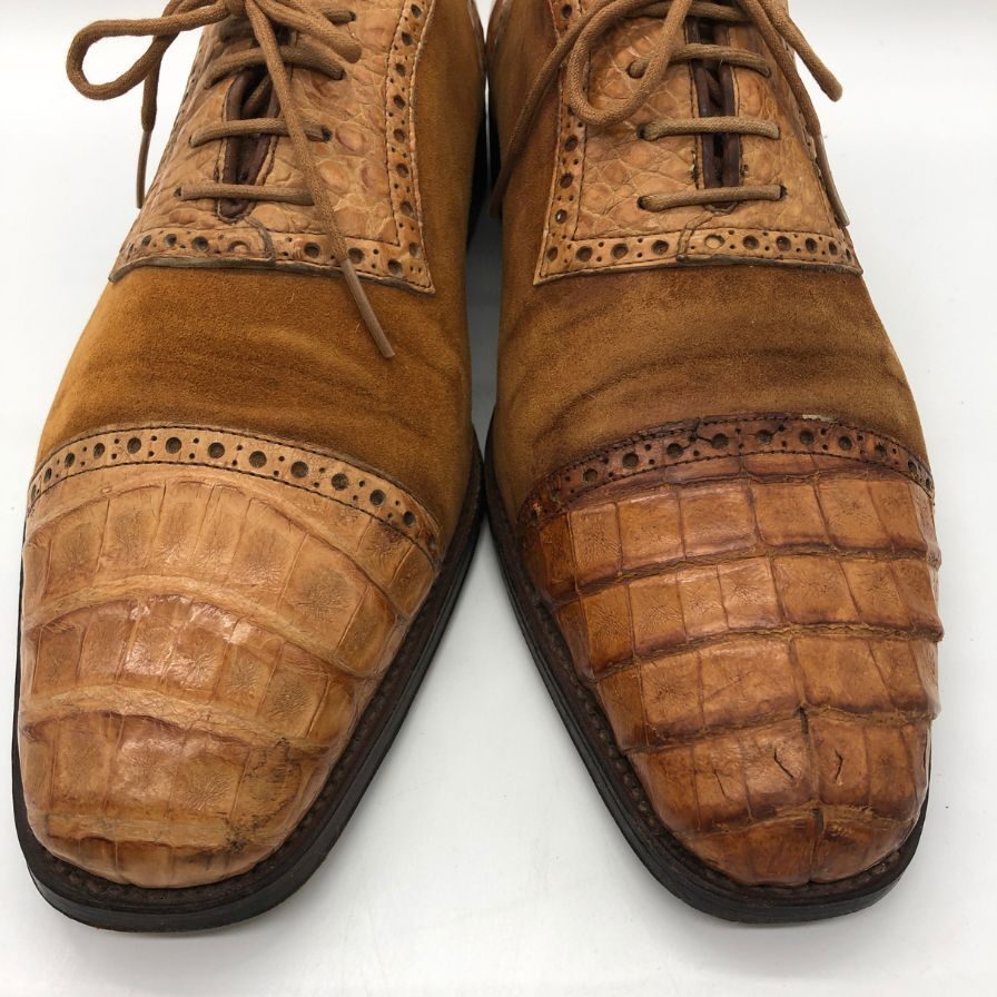 メルミン レザーシューズ パンチドキャップトゥ クロコ×スエード コンビ メンズ ブラウン サイズUK6.5 MEERMIN 約25.5cm【PTM4】