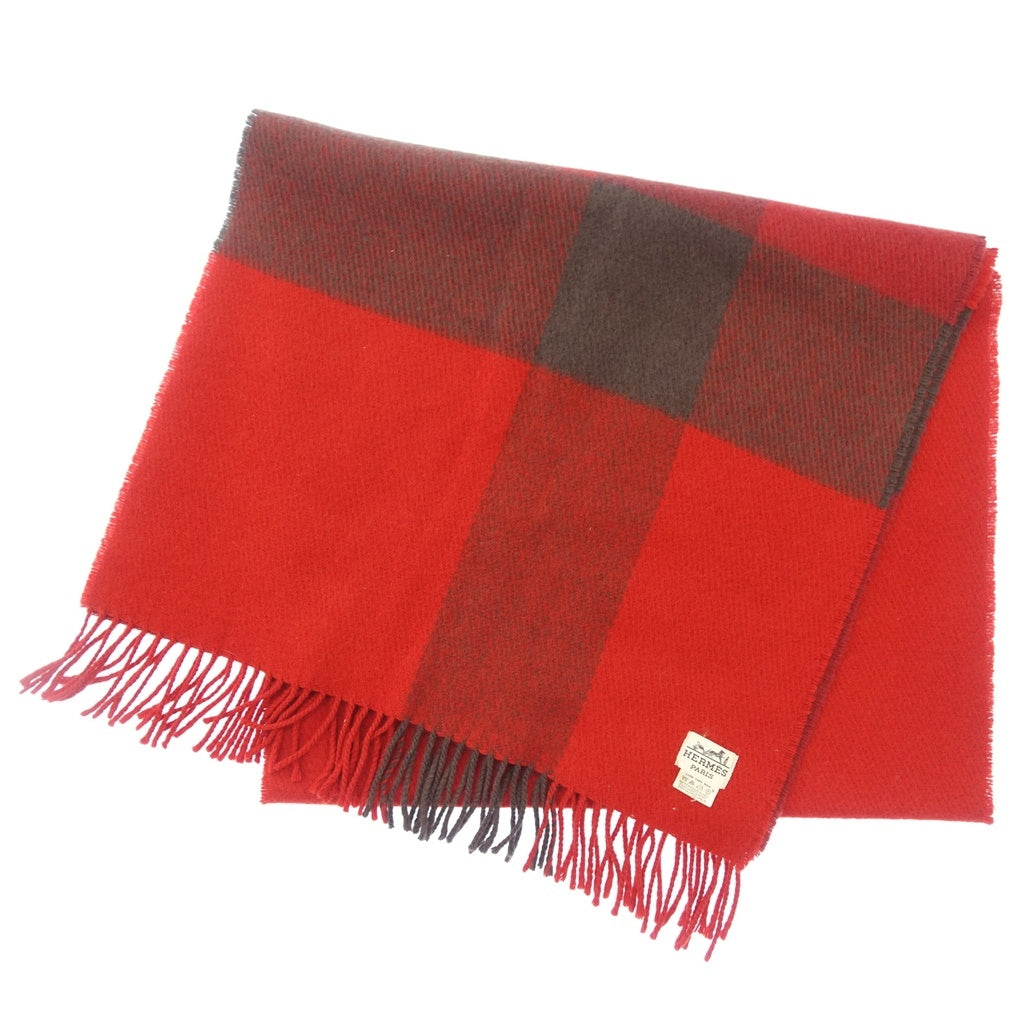 Good condition◆Hermes muffler large check red HERMES [AFB42] 