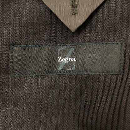 美品◆エルメネジルド ゼニア テーラードジャケット  ストライプ シルク リネン ブラウン メンズ サイズ48R ErmenegildoZegna 【AFB30】