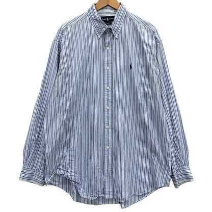 中古◆ラルフローレン 90S ストライプシャツ ブルー系 メンズ サイズL RALPH LAUREN 【AFB10】