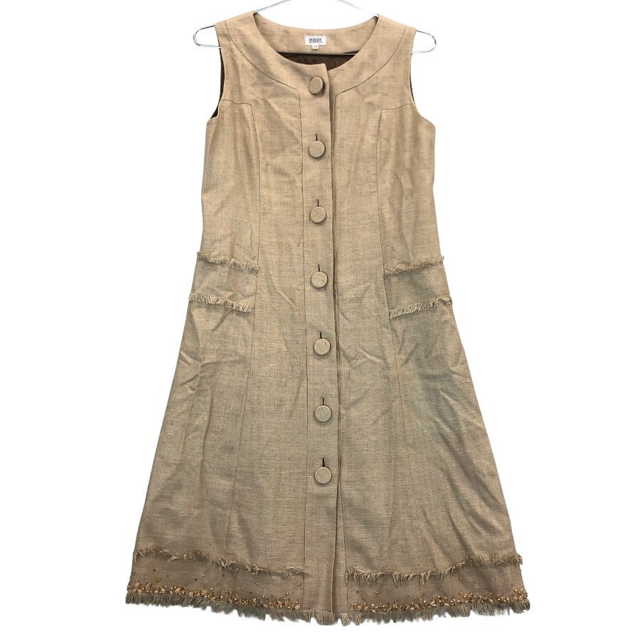 美品◆フォクシー ブティック ワンピース シルク フリンジ 装飾 デザイン ノースリーブ 22529 ベージュ レディース サイズ40 FOXEY BOUTIQUE 【AFB35】