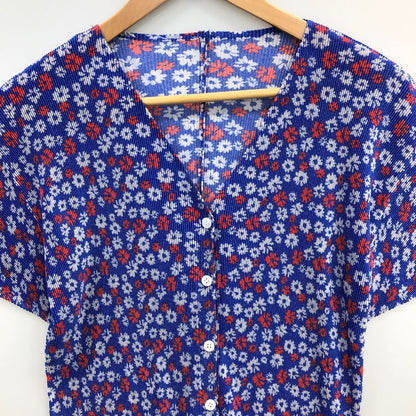 美品◆プリーツプリーズ イッセイミヤケ 半袖シャツ Vネック 総柄 レディース サイズ3 PP22-FO872 PLEATS PLEASE ISSEY MIYAKE 【AFB36】