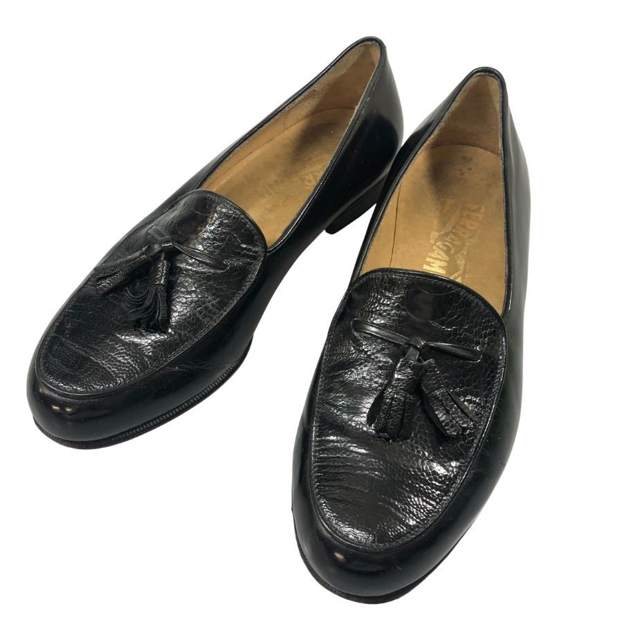 フェラガモ タッセルローファー パイソン ブラック メンズ サイズ6.5 Salvatore Ferragamo 約25.0cm【AFC33】
