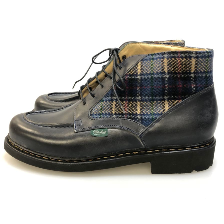 パラブーツ レザーブーツ リスレザー チェック コンビ ウール ツイード ネイビー メンズ サイズ8 PARABOOT ブーツ 約27.0cm【LA】【中古】