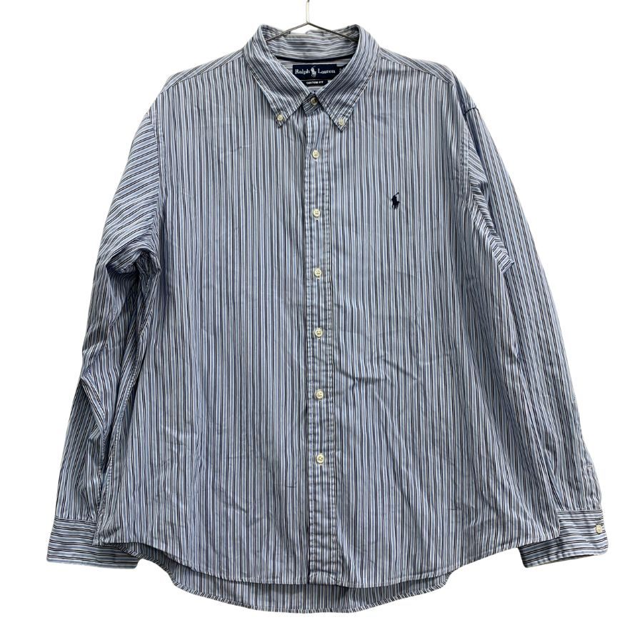 美品◆ラルフローレン ボタンダウンシャツ 90S オールド ストライプ ブルー系 メンズ サイズ4L Ralph Lauren 【AFB13】