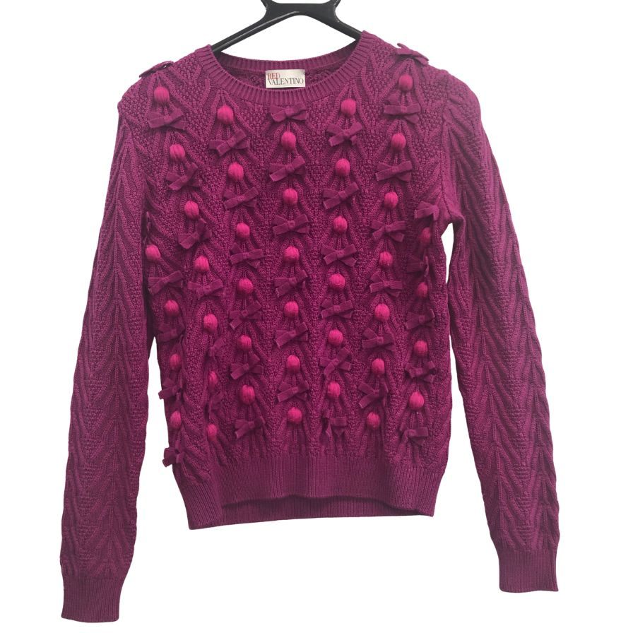 美品◆レッドバレンティノ 編みリボン×ボールラウンドネックニットセーター レディース パープル系 サイズXS RED VALENTINO 【AFA18】