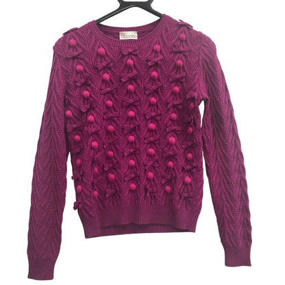 美品◆レッドバレンティノ 編みリボン×ボールラウンドネックニットセーター レディース パープル系 サイズXS RED VALENTINO 【AFA18】