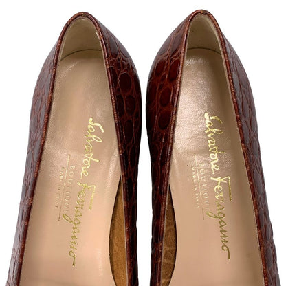 サルヴァトーレフェラガモ ヒールパンプス ヴァラ 型押し ブラウン レディース サイズ7C Salvatore Ferragamo 約24.5cm【AFC29】