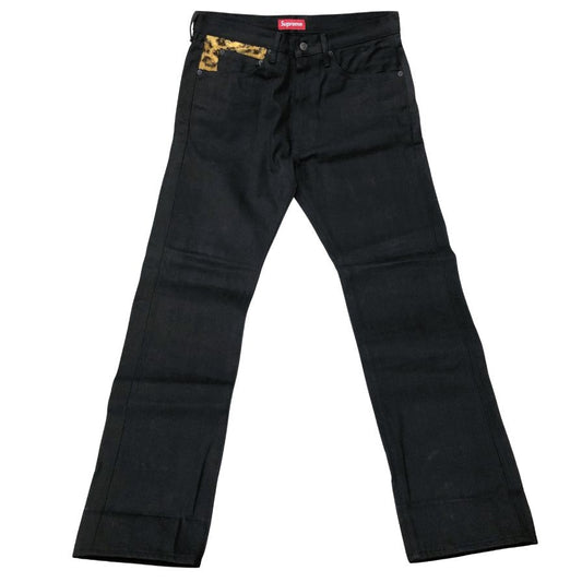 シュプリーム×リーバイス ブラックデニムパンツ 12AW 505 ジップ フライレオパードあしらい メンズ サイズ32×32 ブラック SUPREME×Levi's 【AFB31】