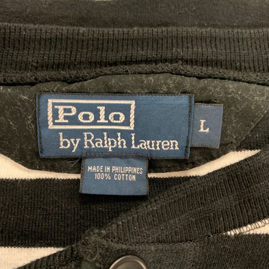 美品◆ポロラルフローレン ヘンリーネック長袖シャツ ボーダー コットン ブラックホワイト メンズ サイズL POLO RALPH LAUREN 【AFB22】