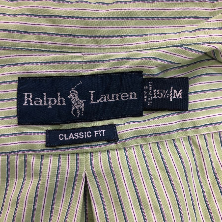 中古◆ラルフローレン ボタンダウンシャツ 90S ストライプ グリーン×パープル メンズ サイズM Ralph Lauren 【AFB29】