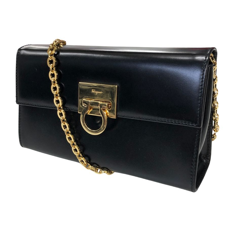 サルヴァトーレフェラガモ ショルダーバッグ AQ-21 9629 ガンチーニ チェーン ゴールド金具 レザー ブラック Salvatore Ferragamo【AFB56】