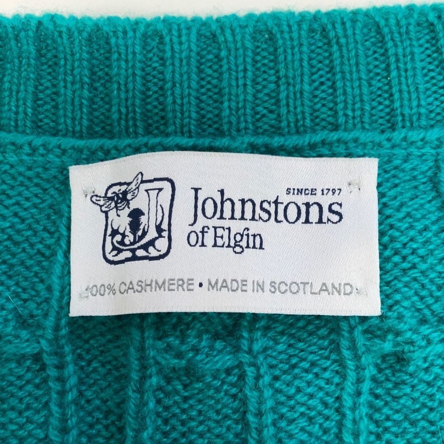 極美品◆ジョンストンズ ケーブルニットセーター クルーネック グリーン メンズ サイズM Johnstons 【AFB33】