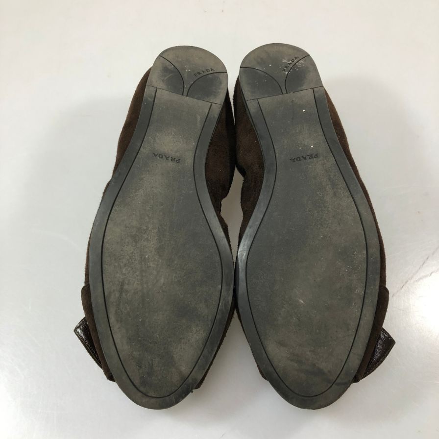 プラダ バレエシューズ スエード ベルト ジップ ブラウン レディース サイズ37 PRADA 約24.0cm【AFC52】